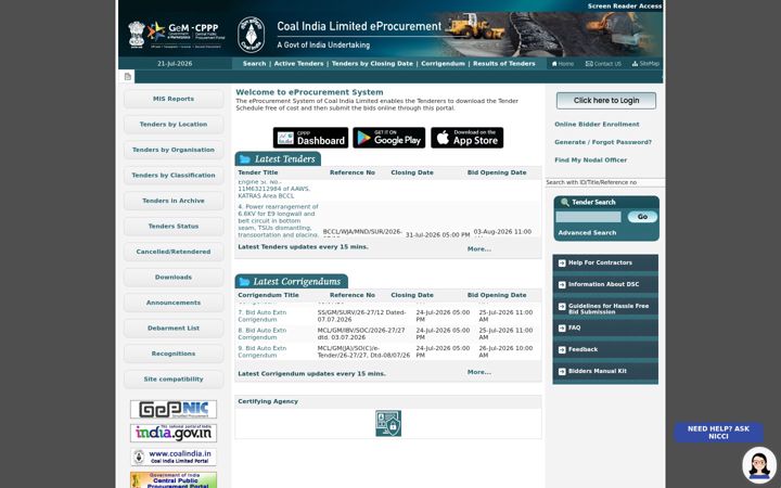 Screenshot von coalindiatenders.nic.in