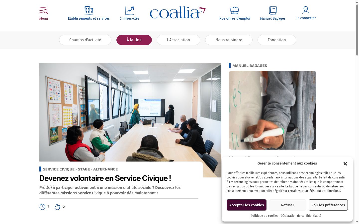 Capture d'écran de la bannière de consentement affichée avant toute interaction