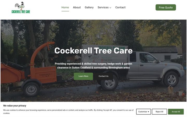 Snímek obrazovky cockerelltreecare.co.uk