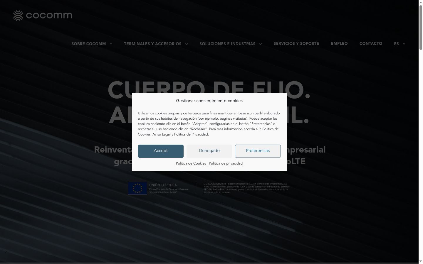 Captura de ecrã do banner de consentimento apresentado antes de qualquer interação
