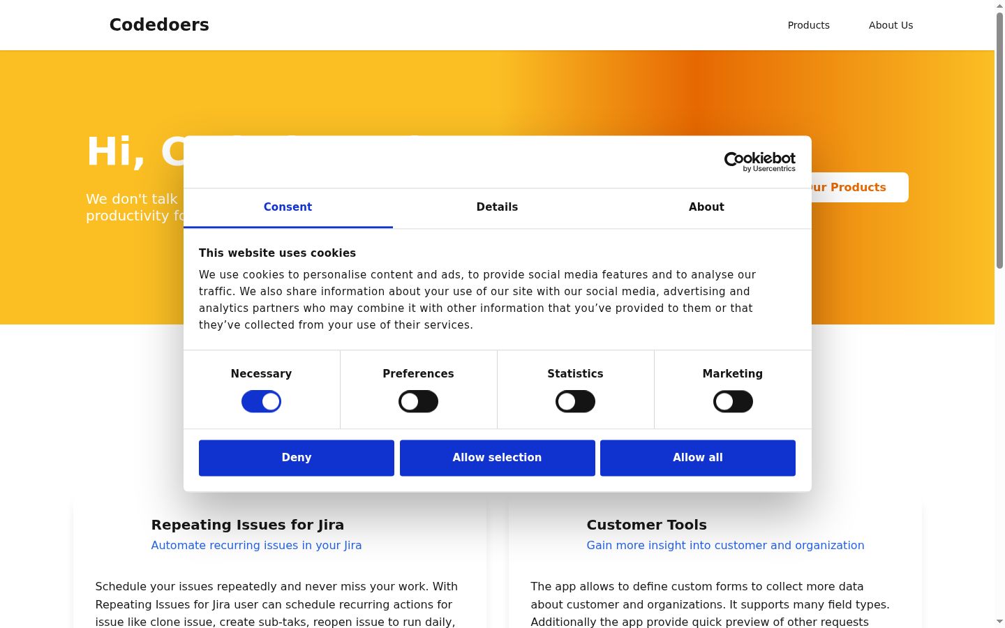 Screenshot of the consent banner shown before any interaction
