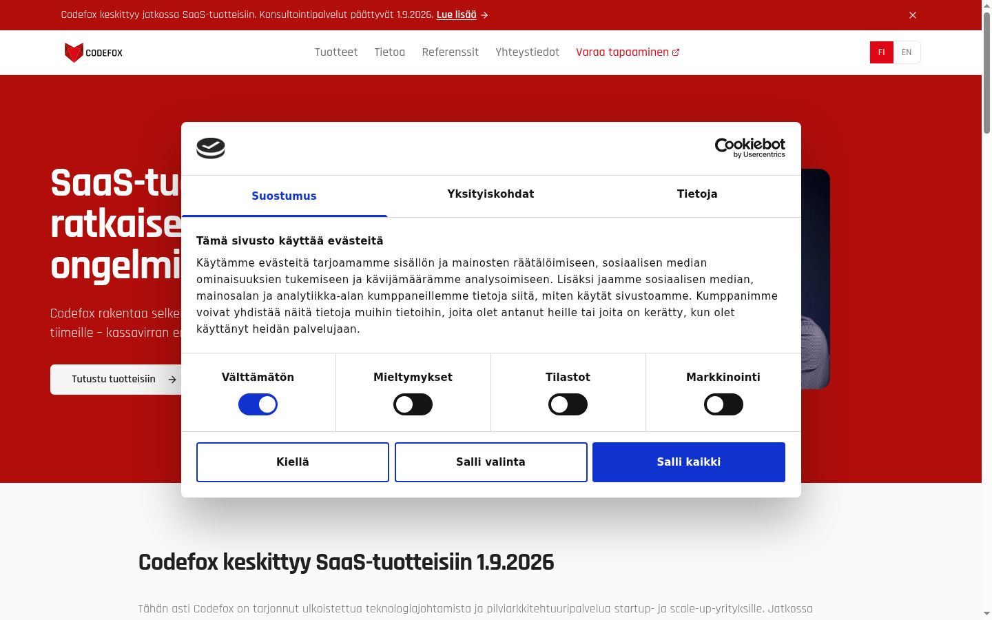 Skärmbild av samtyckesbannern som visades före någon interaktion