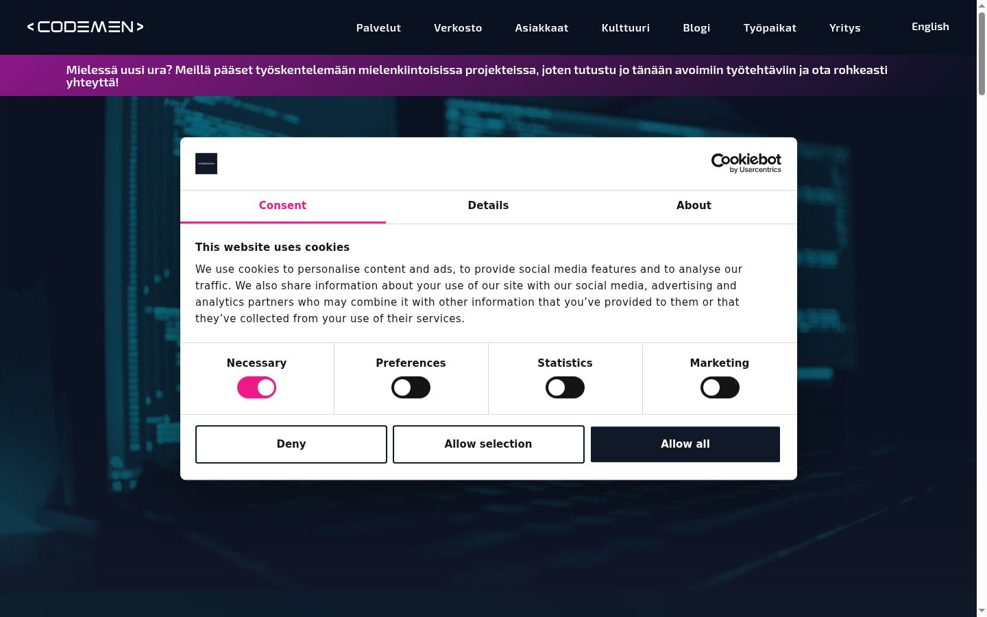 Screenshot del banner di consenso mostrato prima di qualsiasi interazione