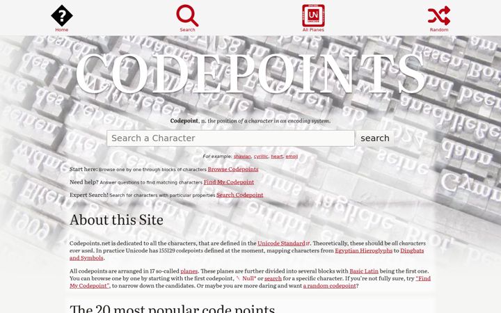 Screenshot of codepoints.net