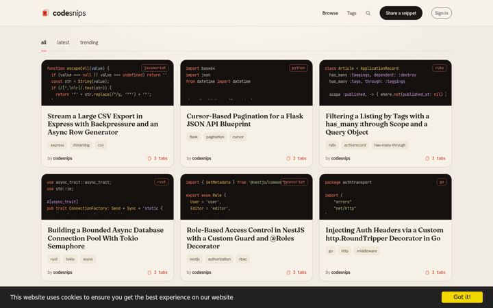Екранна снимка на codesnips.io