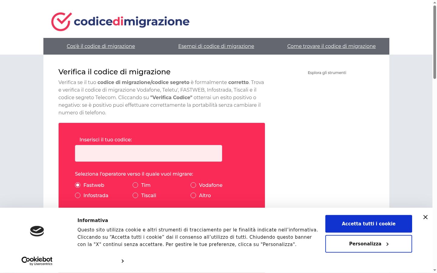 Screenshot del banner di consenso mostrato prima di qualsiasi interazione