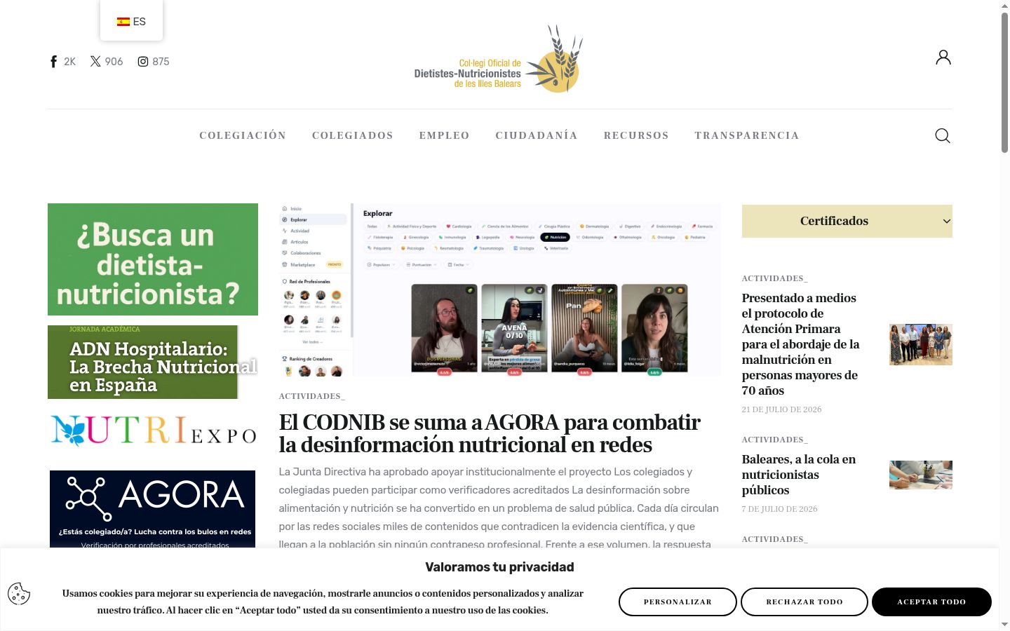 Captura de ecrã do banner de consentimento apresentado antes de qualquer interação