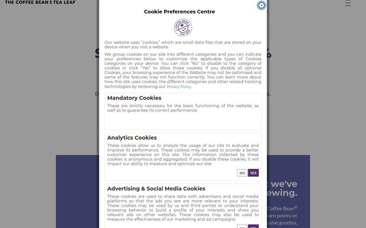 Screenshot of coffeebeanrewards.com