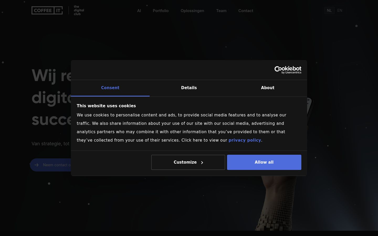 Captura de pantalla del banner de consentimiento mostrado antes de cualquier interacción
