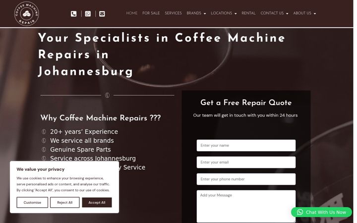 Screenshot van coffeemachinerepair.co.za