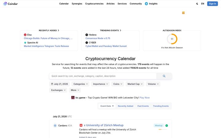Screenshot of coindar.org
