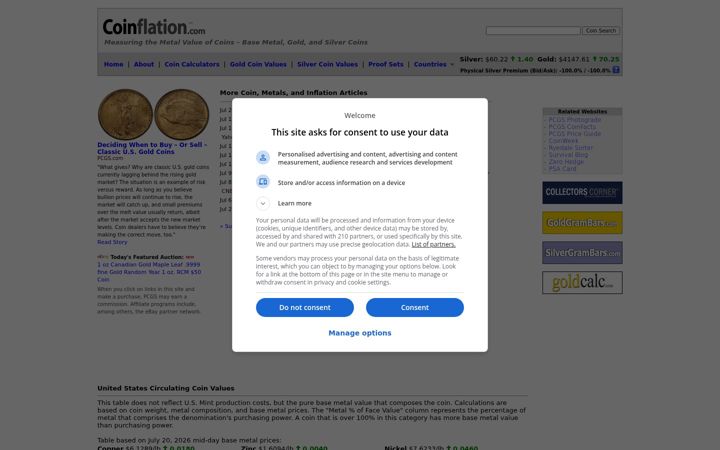 Skärmbild av coinflation.com