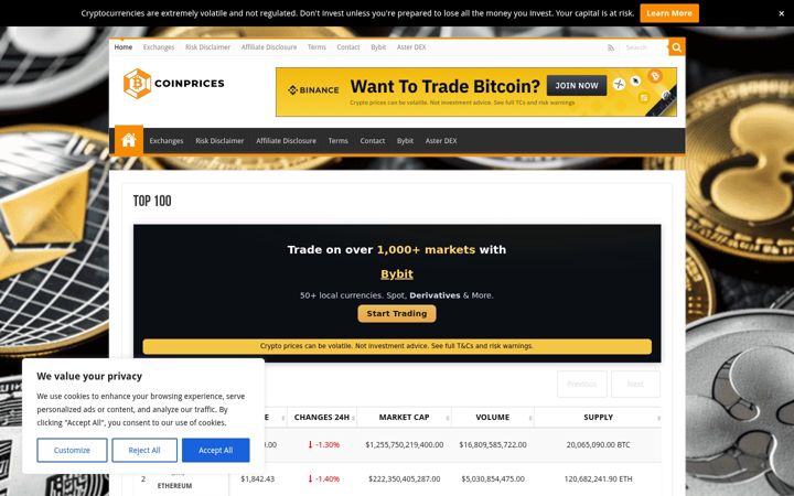 Captură de ecran a coinprices.net