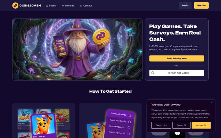 Екранна снимка на coins2cash.io