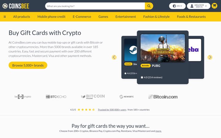 Screenshot of coinsbee.com