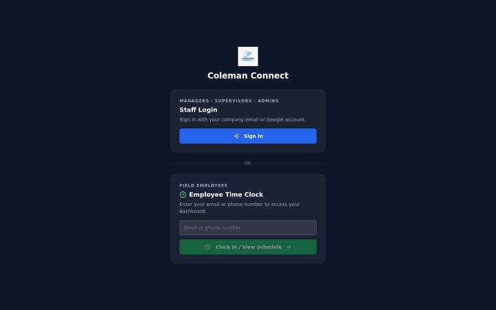 Екранна снимка на colemanconnect.io