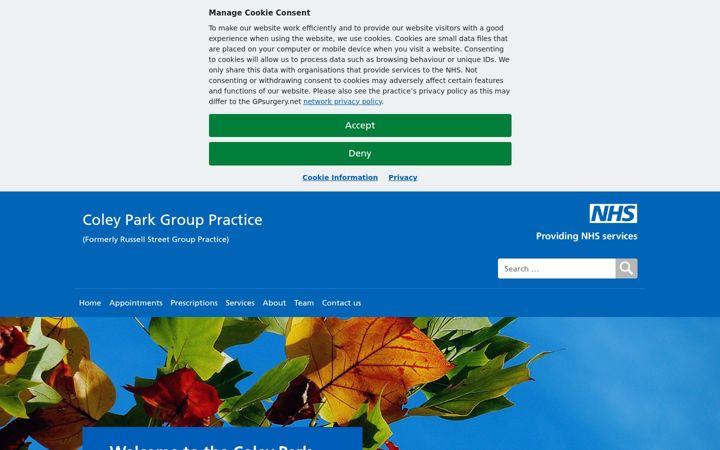 Snímek obrazovky coleyparkgrouppractice.nhs.uk
