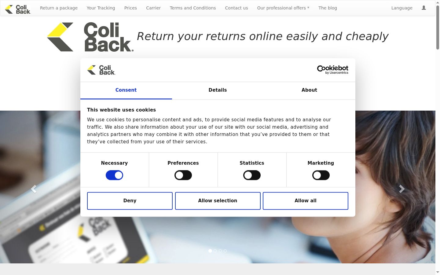 Screenshot del banner di consenso mostrato prima di qualsiasi interazione