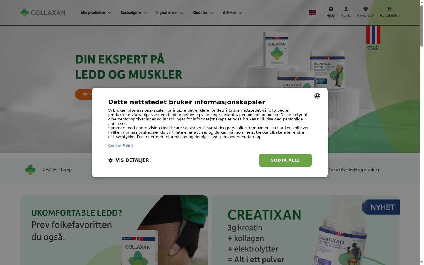 Skjermbilde av samtykkebanneret slik det vises før noen interaksjon