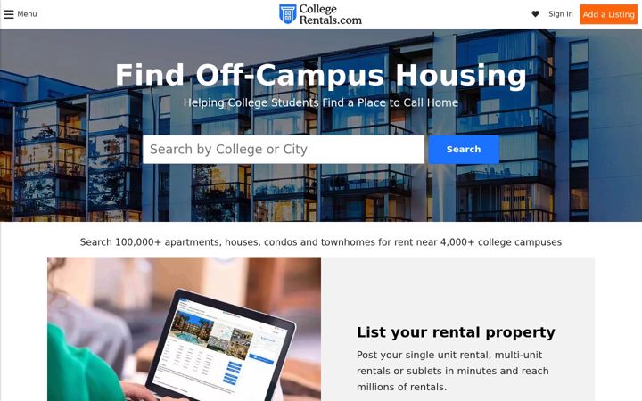 Screenshot of collegerentals.com