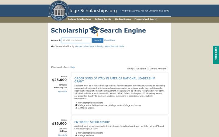Screenshot of collegescholarships.org