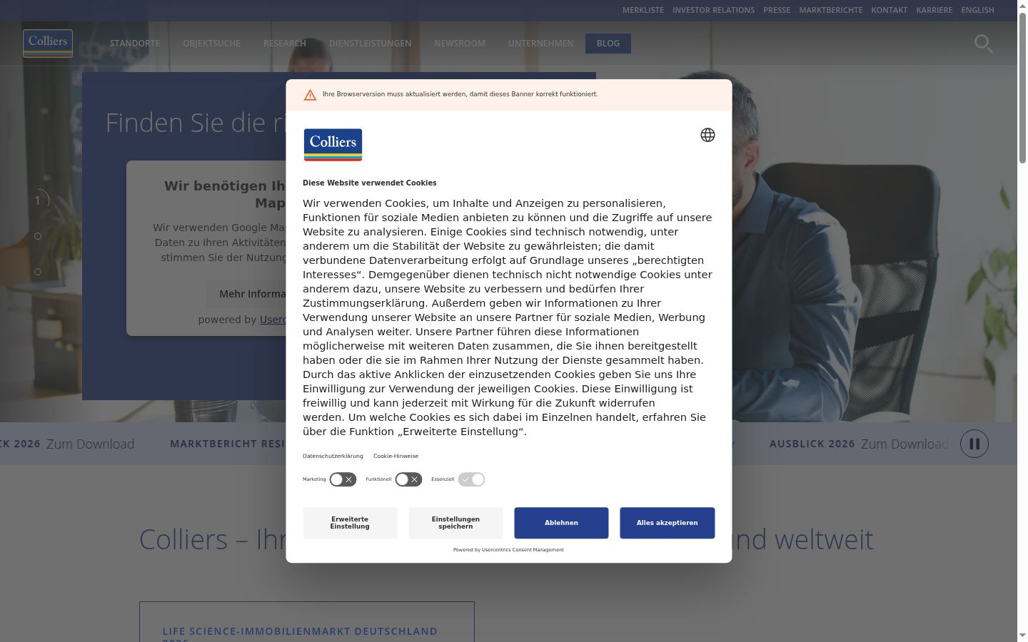 Screenshot del banner di consenso mostrato prima di qualsiasi interazione