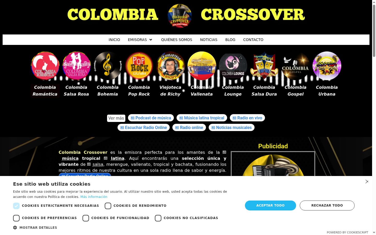 Captura de pantalla del banner de consentimiento mostrado antes de cualquier interacción