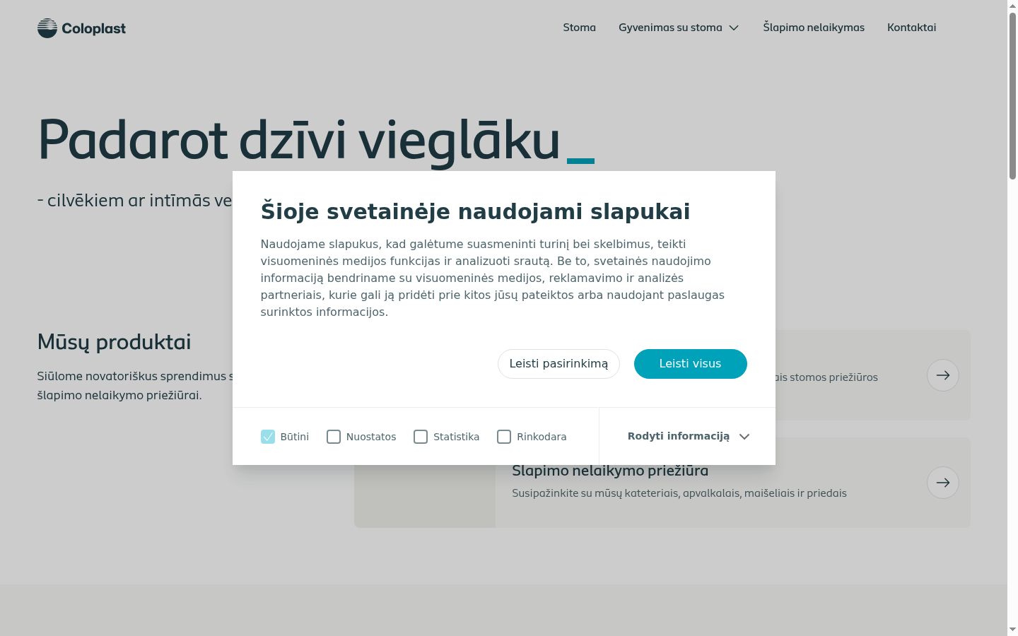 Sutikimo reklamjuostės, rodytos prieš bet kokią sąveiką, ekrano kopija