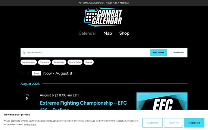 Screenshot of combatcalendar.com