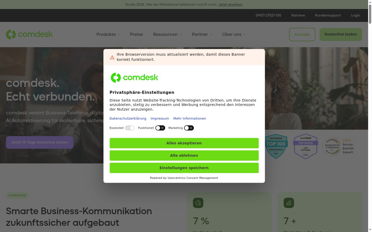 Screenshot des Einwilligungsbanners vor jeglicher Interaktion