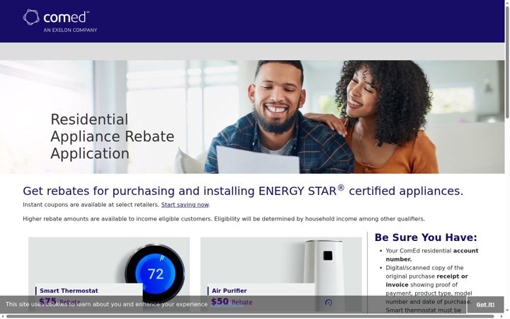 Screenshot of comedappliancerebates.com