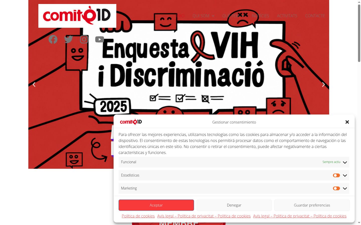 Captura de ecrã do banner de consentimento apresentado antes de qualquer interação