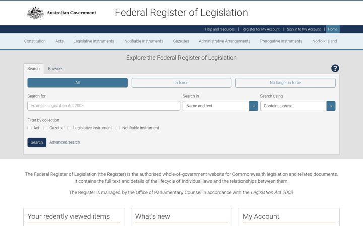 Screenshot of comlaw.gov.au