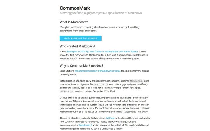 Skærmbillede af commonmark.org