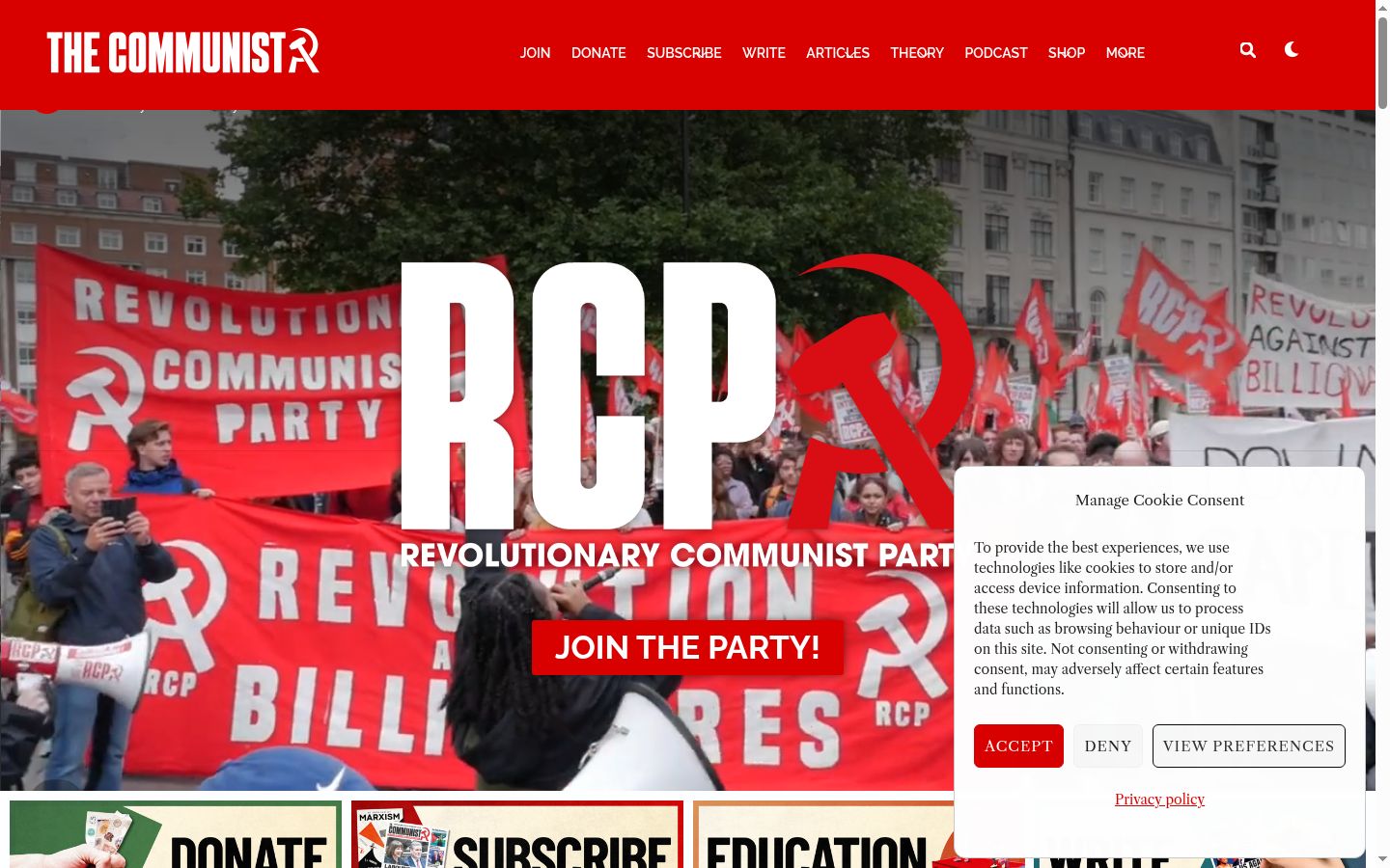 Captura de ecrã do banner de consentimento apresentado antes de qualquer interação