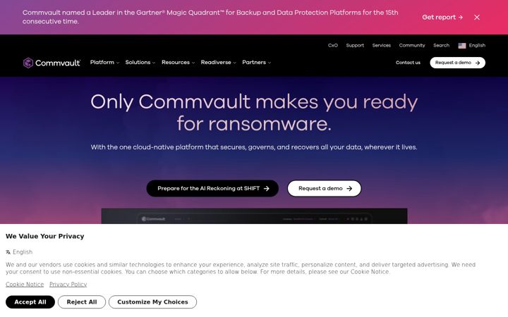 Screenshot stránky commvault.com