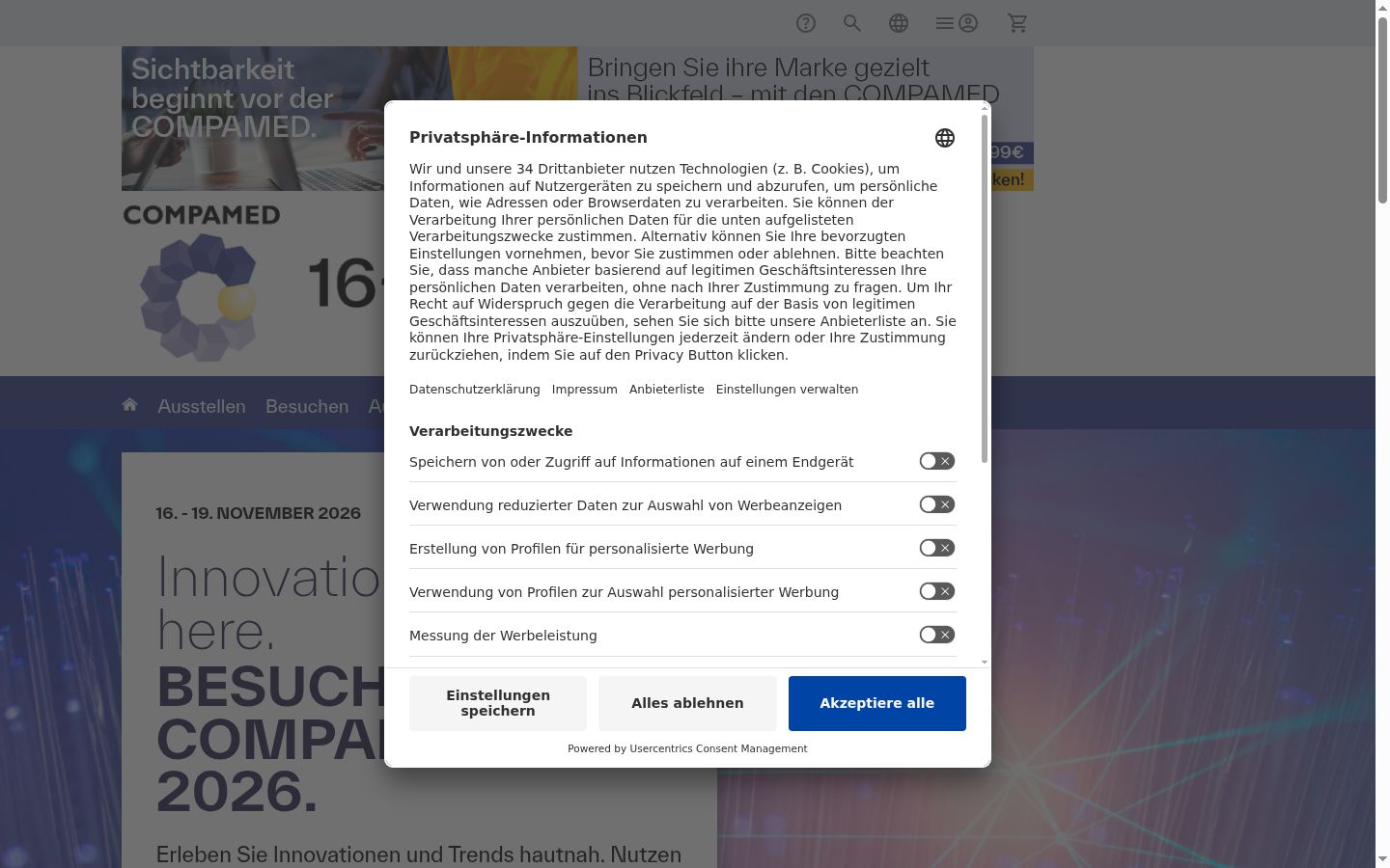 Posnetek zaslona pasice za privolitev, prikazane pred kakršno koli interakcijo