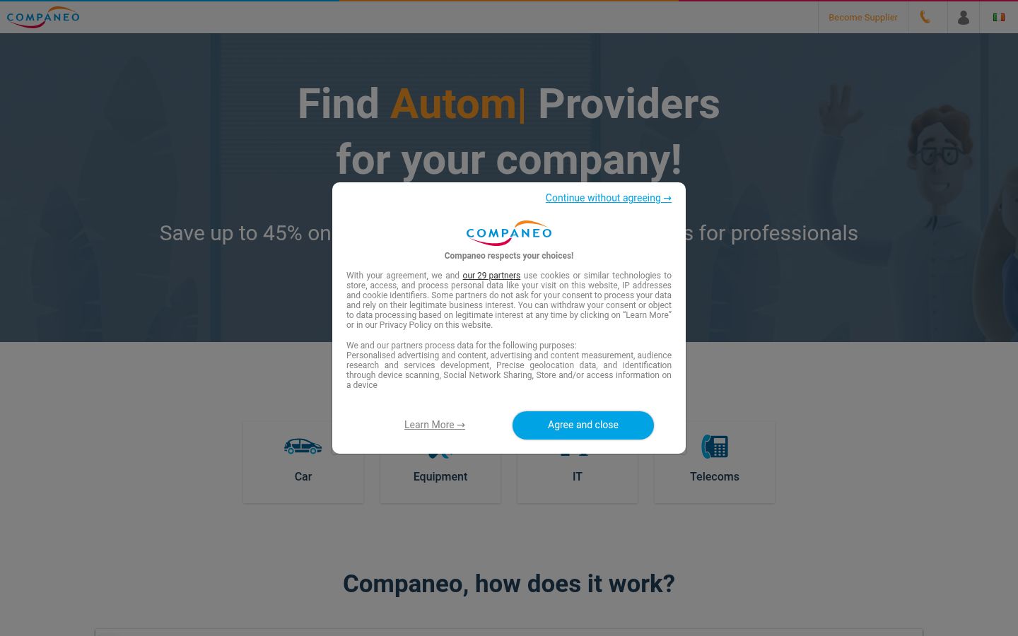 Capture d'écran de la bannière de consentement affichée avant toute interaction