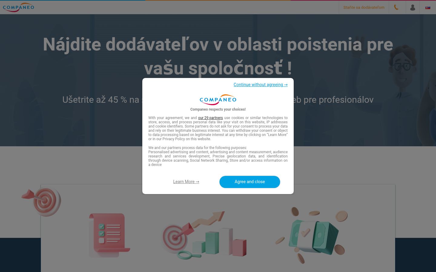 Snímek obrazovky baneru souhlasu zobrazeného před jakoukoli interakcí