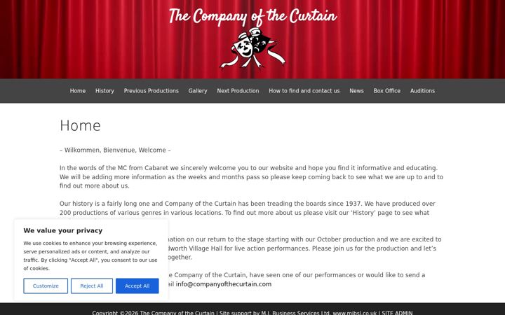 Screenshot of companyofthecurtain.com
