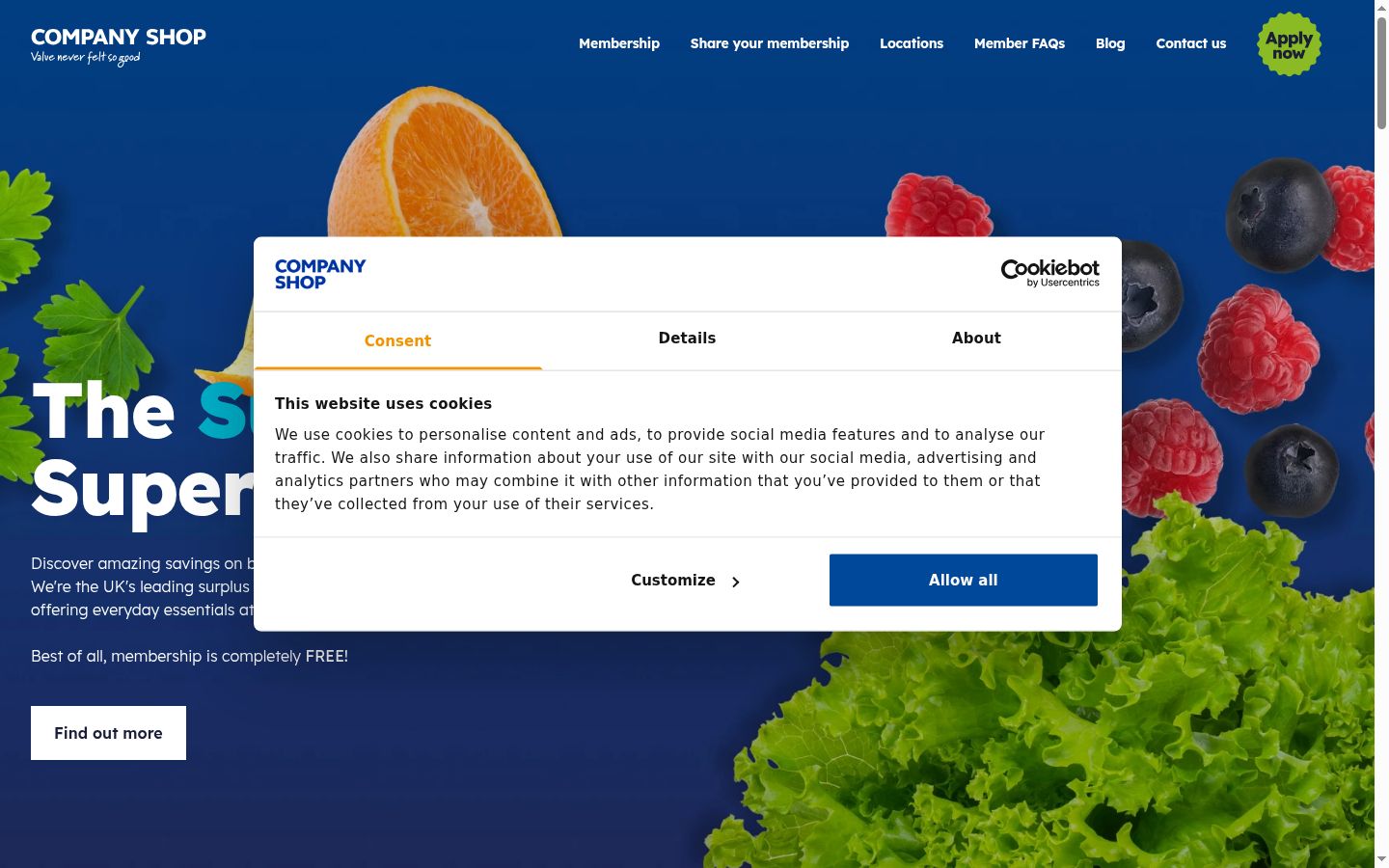 Screenshot del banner di consenso mostrato prima di qualsiasi interazione