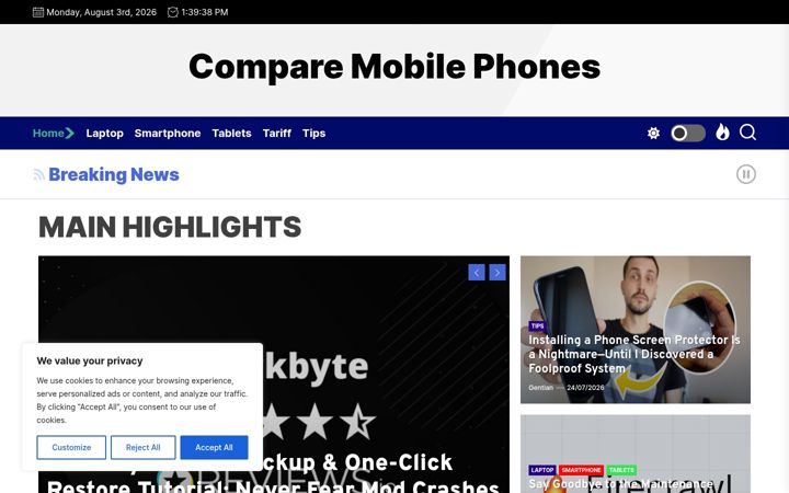 Snímek obrazovky comparemobilephones.net
