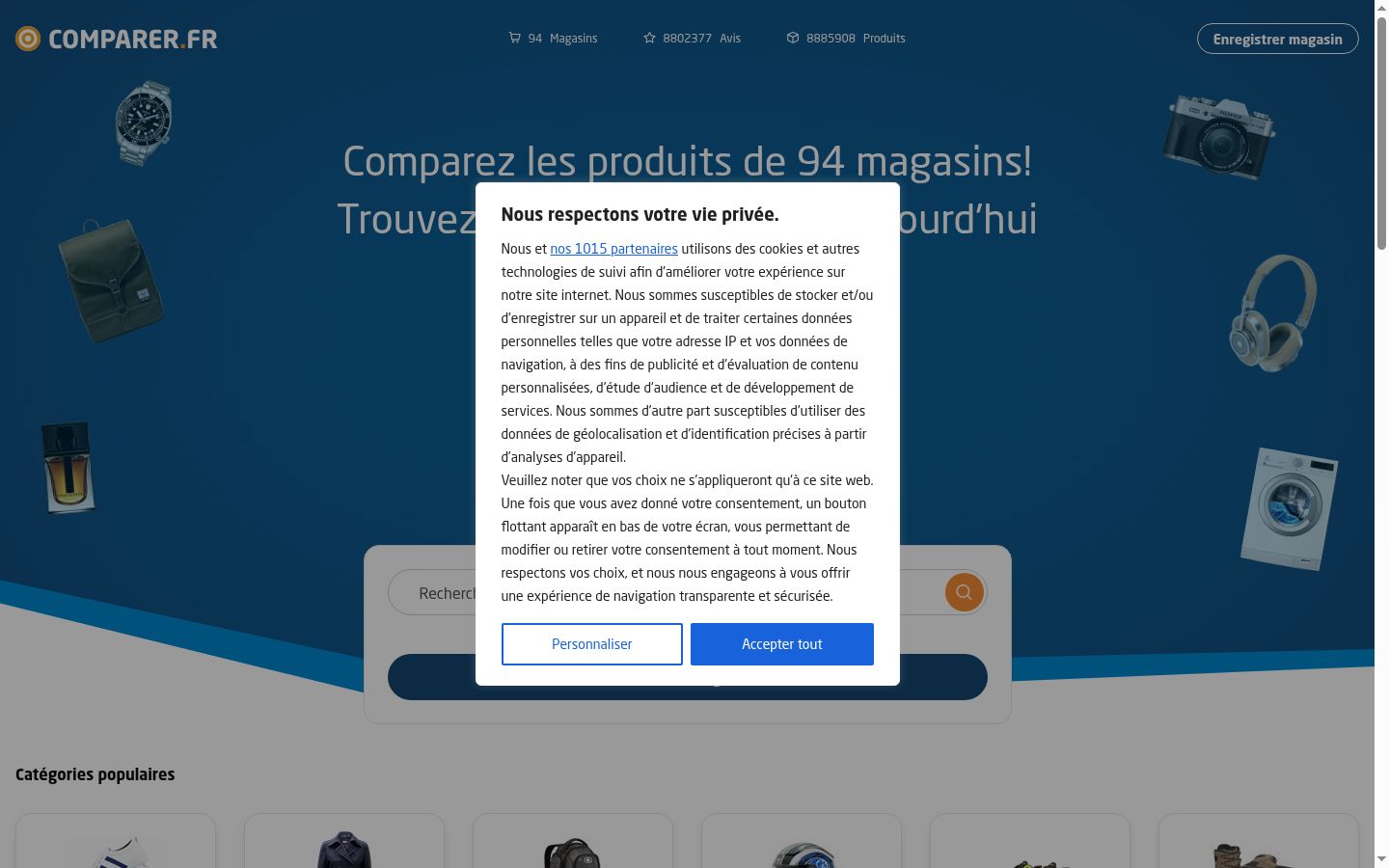 Capture d'écran de la bannière de consentement affichée avant toute interaction
