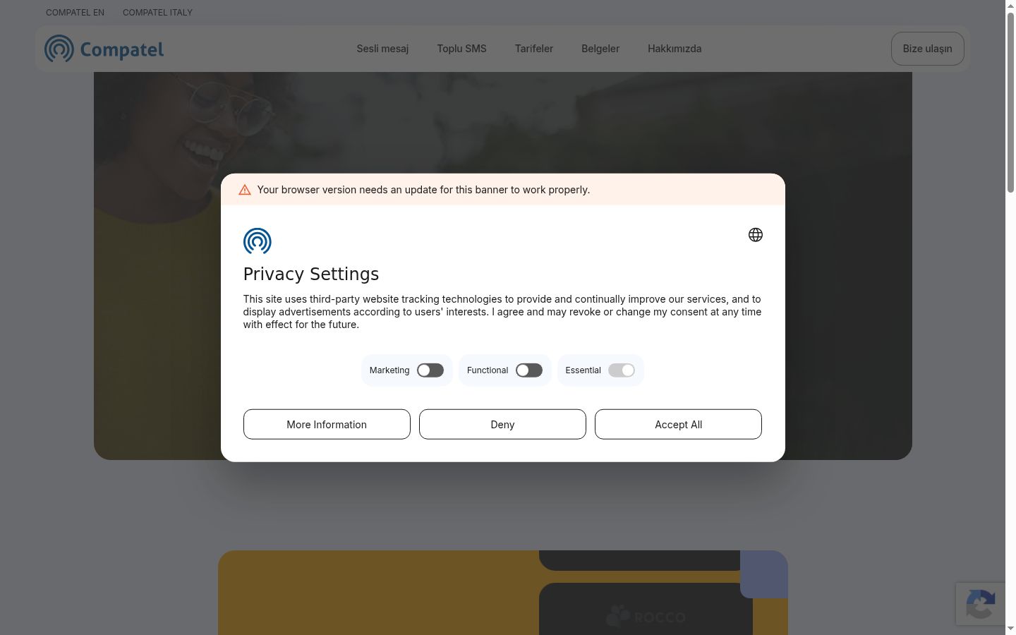 Screenshot del banner di consenso mostrato prima di qualsiasi interazione