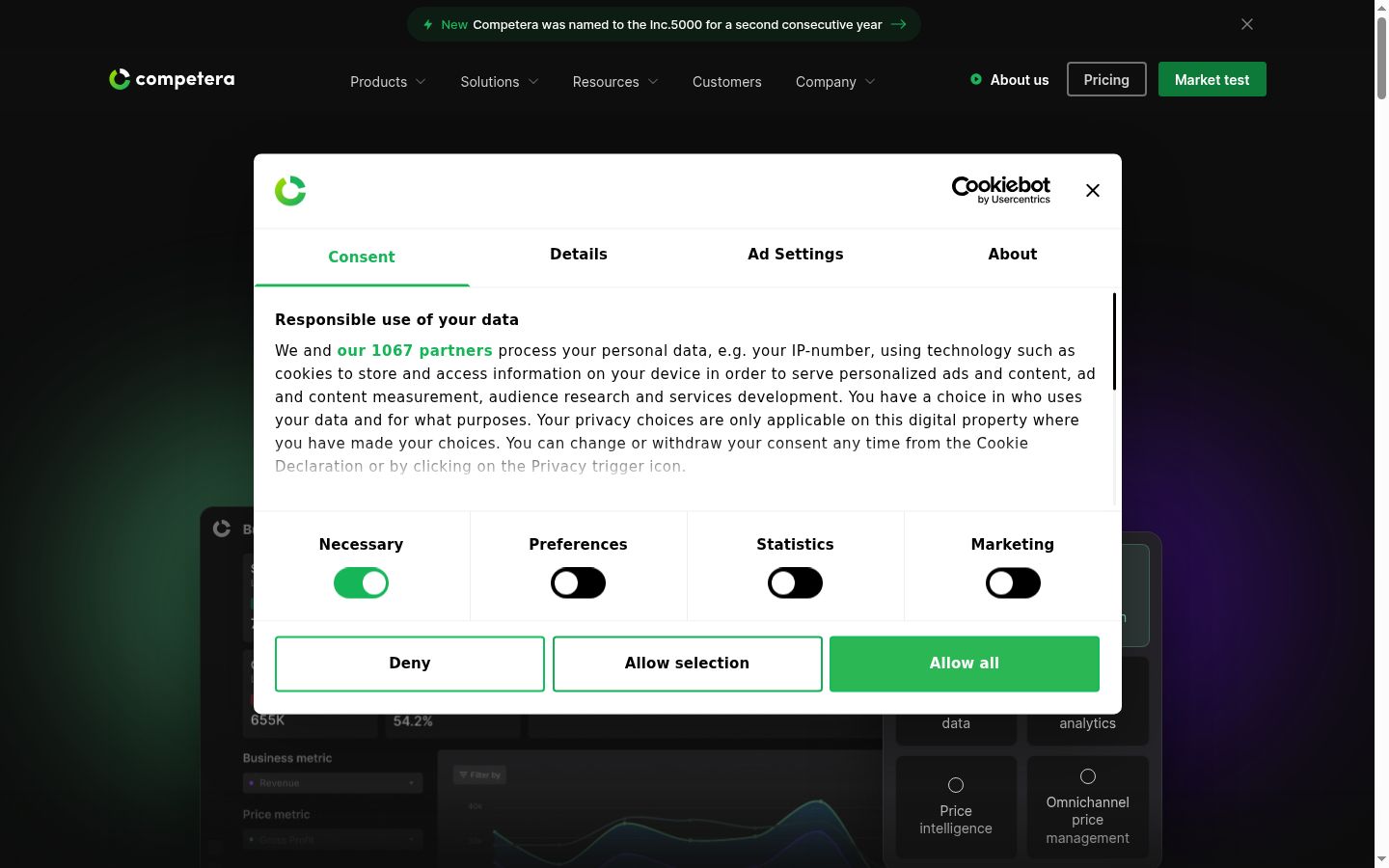 Captura de ecrã do banner de consentimento apresentado antes de qualquer interação