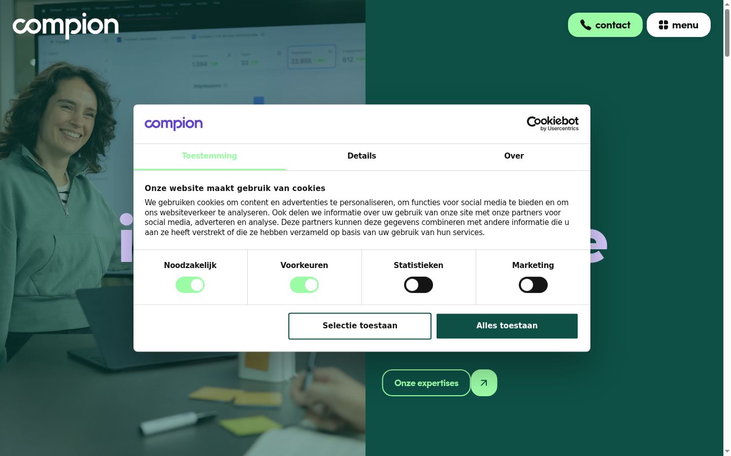 Screenshot van de toestemmingsbanner zoals getoond vóór enige interactie