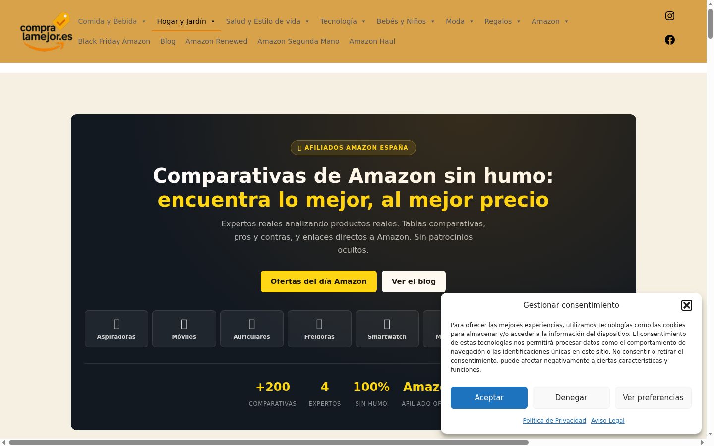 Captura de pantalla del banner de consentimiento mostrado antes de cualquier interacción