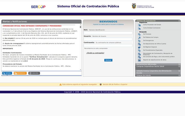 Screenshot of compraspublicas.gob.ec