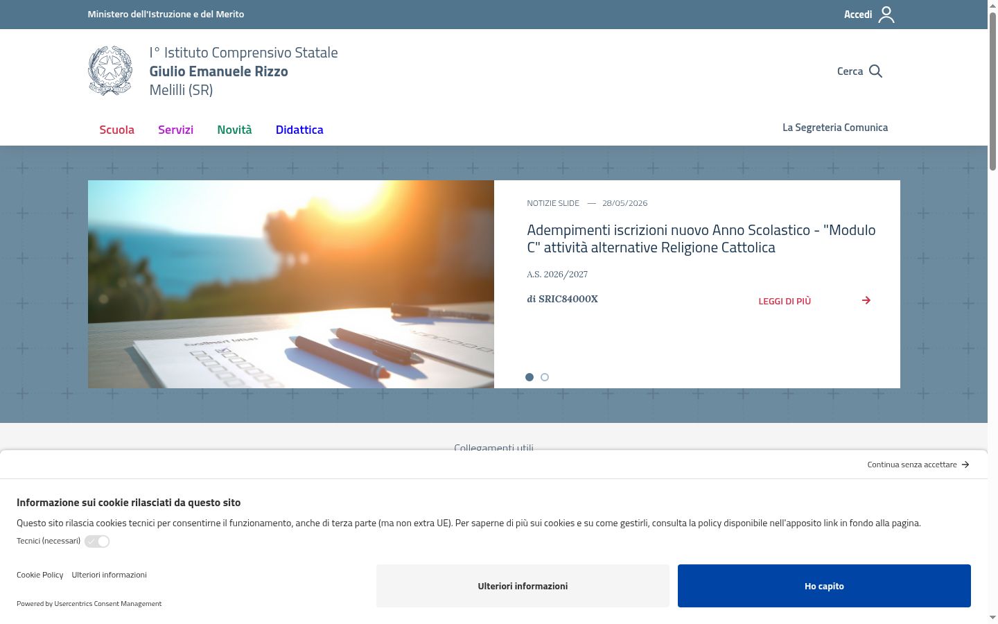 Screenshot del banner di consenso mostrato prima di qualsiasi interazione