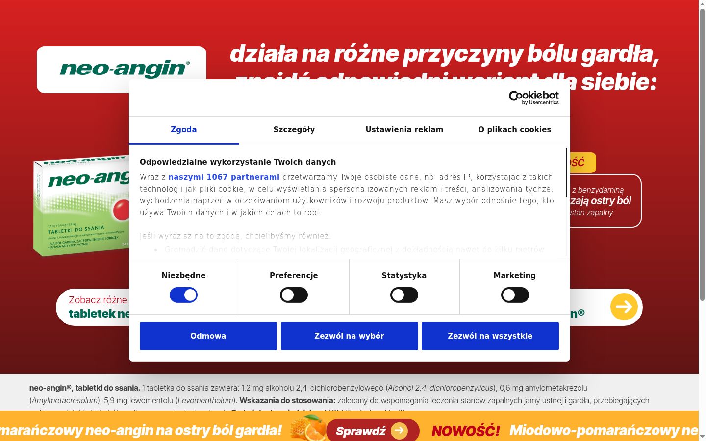 Screenshot del banner di consenso mostrato prima di qualsiasi interazione